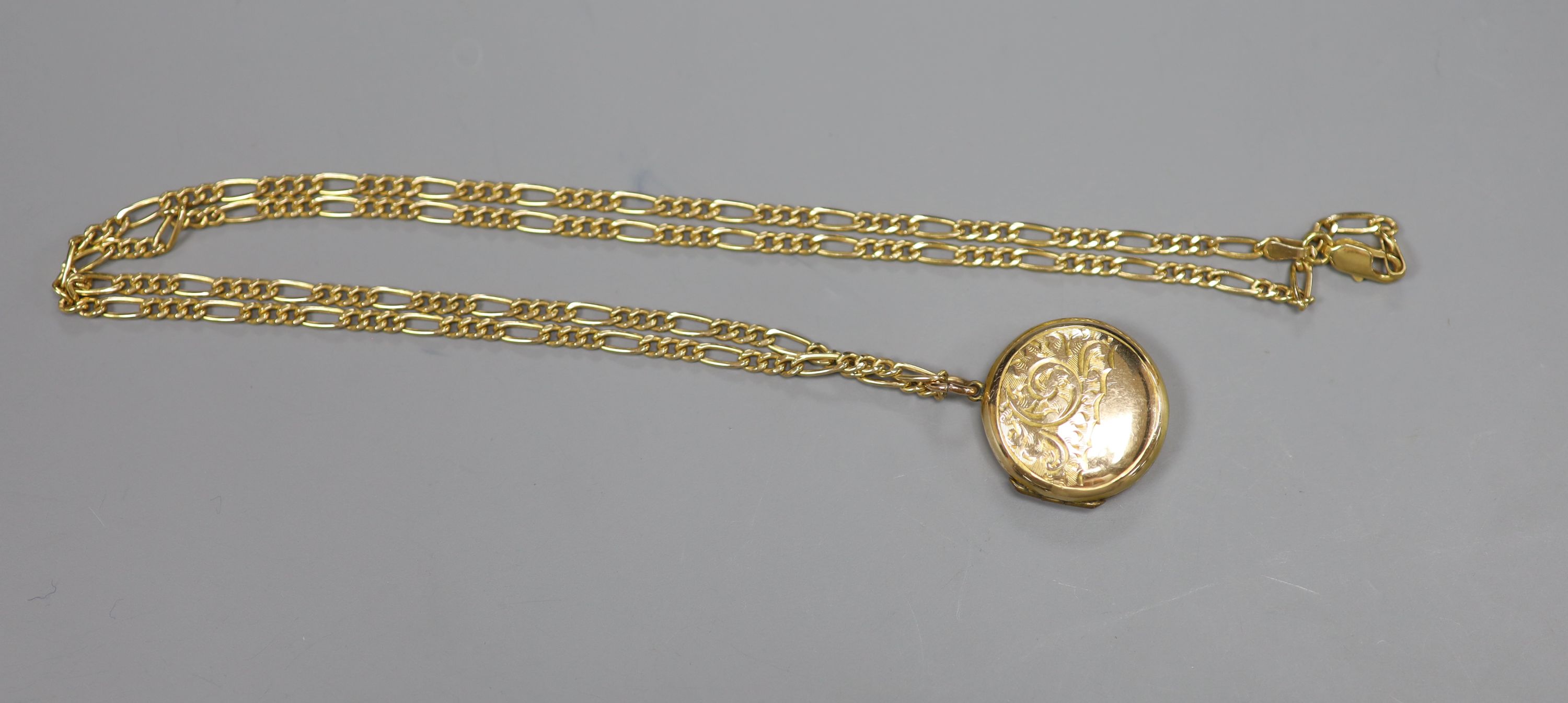 A 585 fancy link chain necklace (5.9g) with 9ct engraved gold enclosed circular locket, gross 10.7g